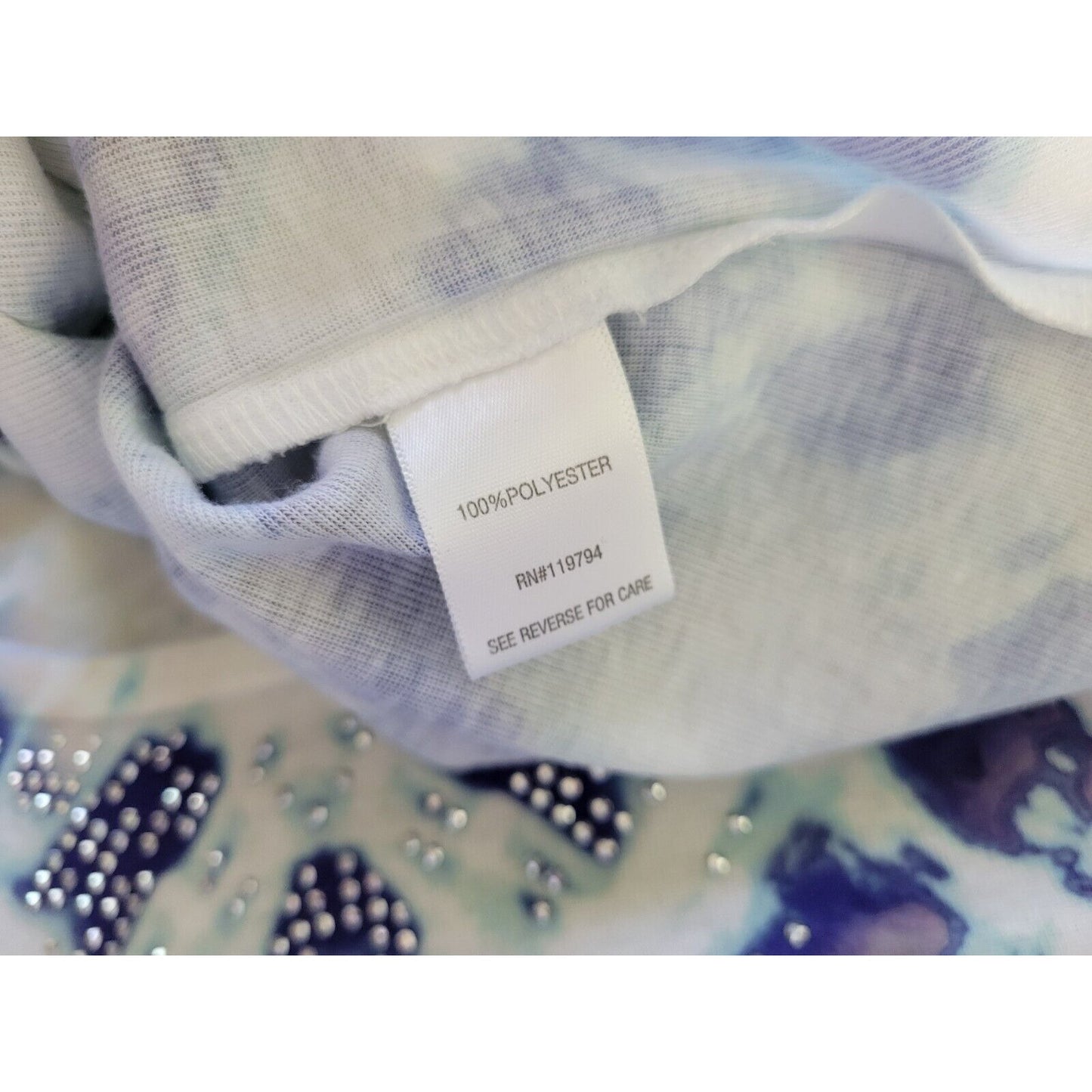 Live Let Live Women Top 1X Short Sleeve Polyester Blue Tie Dye Studded Laser Cut