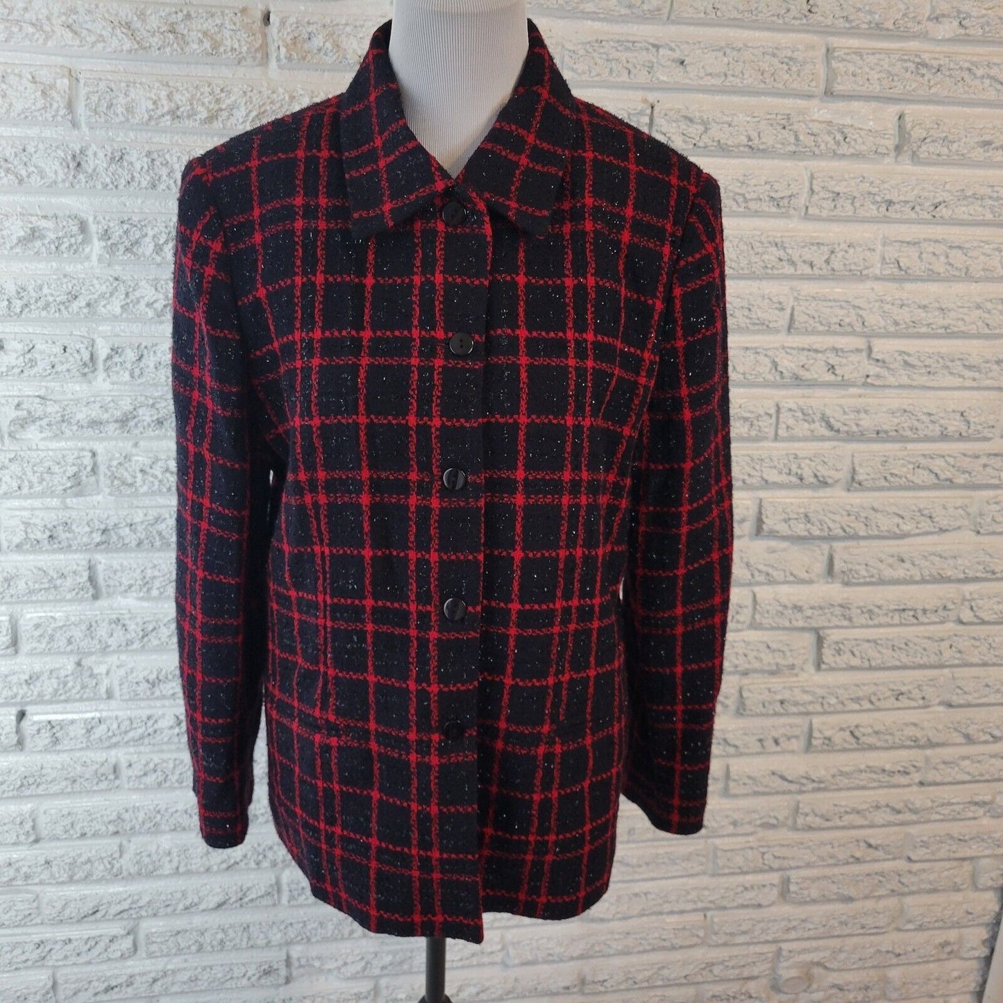 Sag Harbor Womens Jacket 16 Blazer Black Red Plaid Holiday Sparkle Metallic