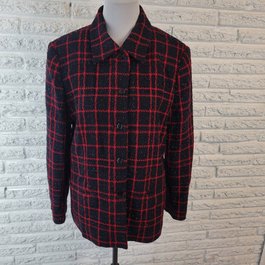 Sag Harbor Womens Jacket 16 Blazer Black Red Plaid Holiday Sparkle Metallic