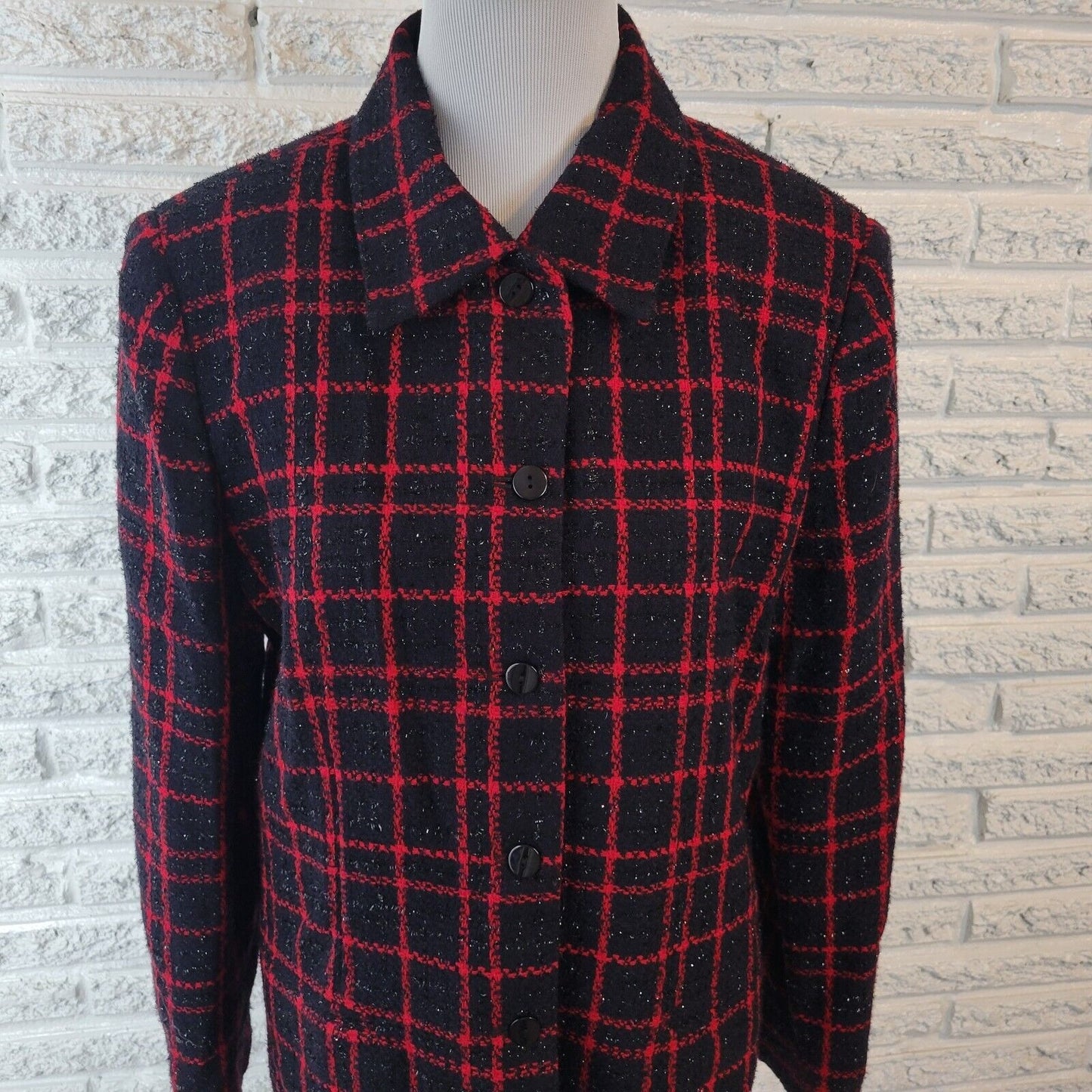 Sag Harbor Womens Jacket 16 Blazer Black Red Plaid Holiday Sparkle Metallic