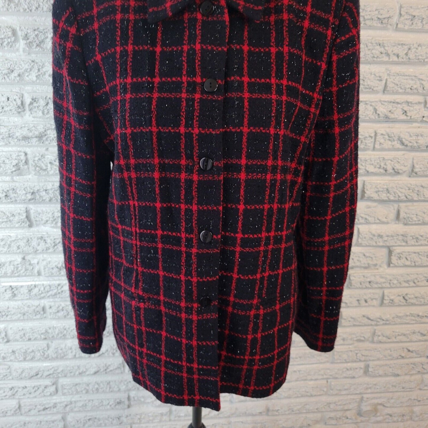 Sag Harbor Womens Jacket 16 Blazer Black Red Plaid Holiday Sparkle Metallic
