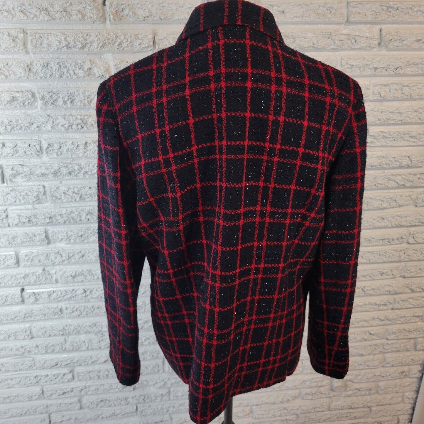 Sag Harbor Womens Jacket 16 Blazer Black Red Plaid Holiday Sparkle Metallic