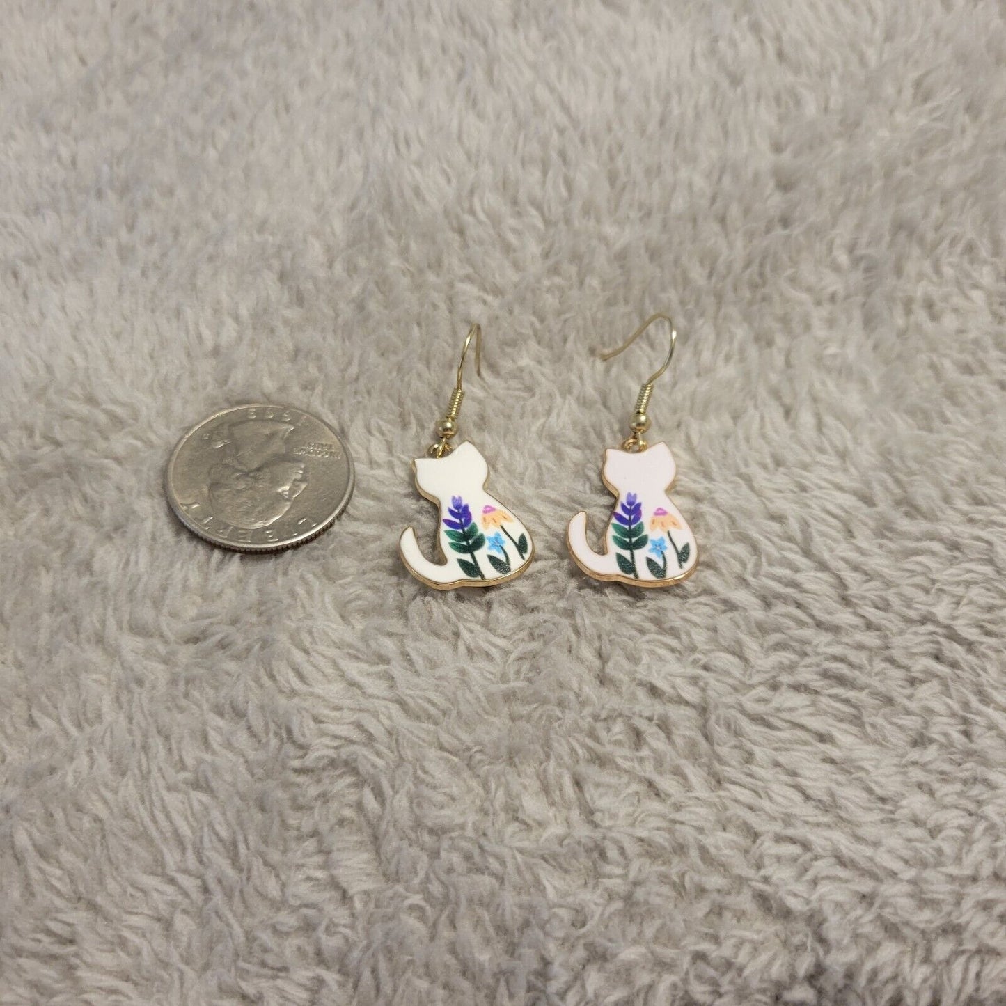 Cats Kittens Earrings Multi Color Floral Fish Hook Hanging Dangle Fun Novelty
