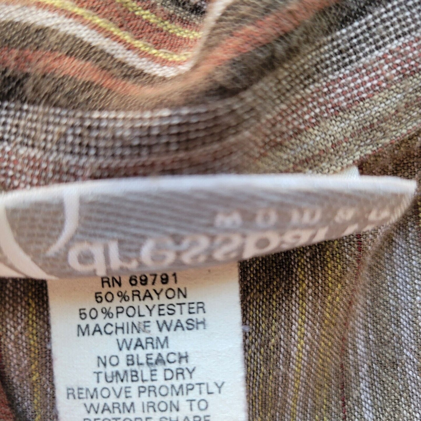 Dress Barn Womens Top 18 20 Plus 3/4 Sleeve Tan Burgundy Stripe Collar Button Up