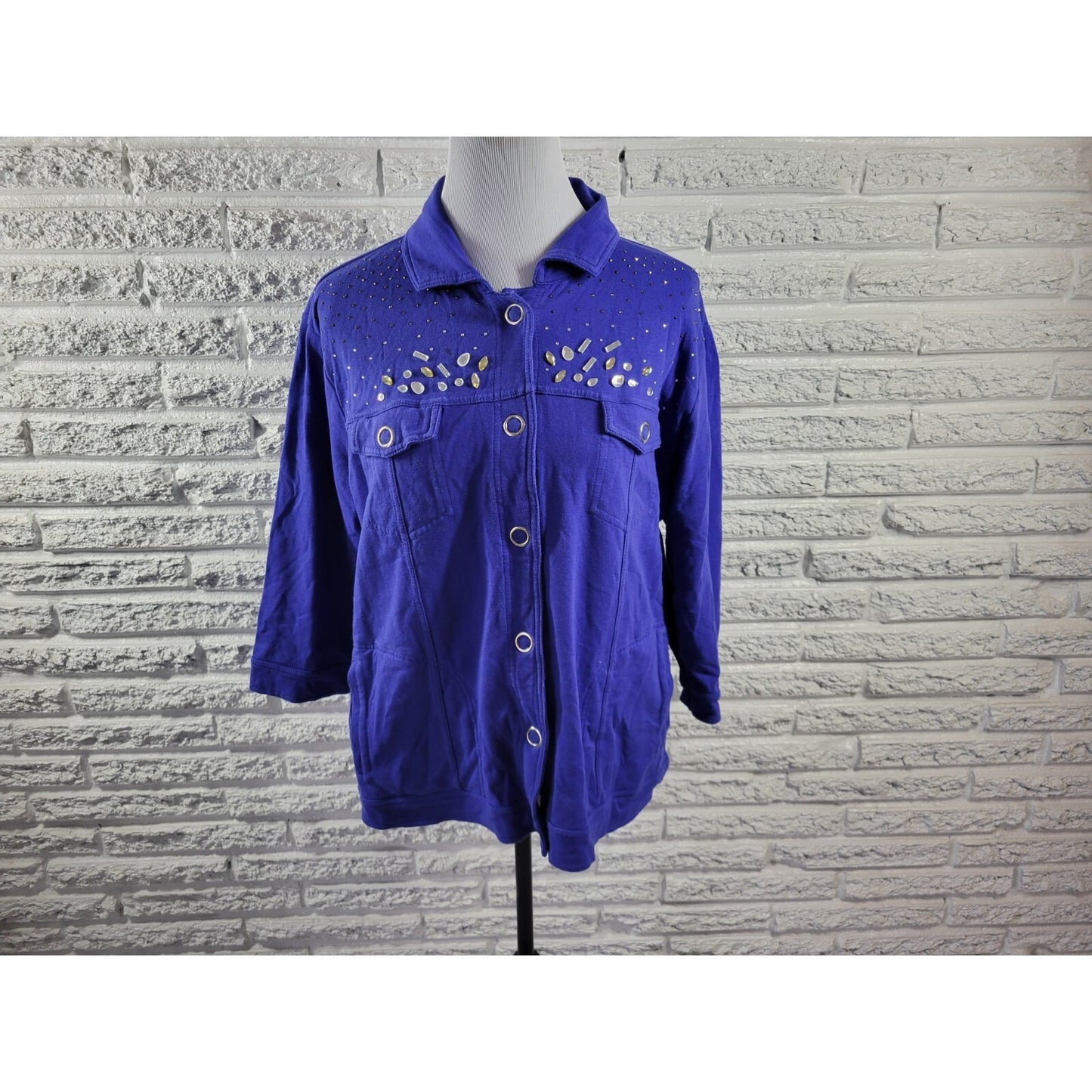 Onque Casual Womens Top 1X Plus Shirt Shacket Large Snaps Rhinestones Blue