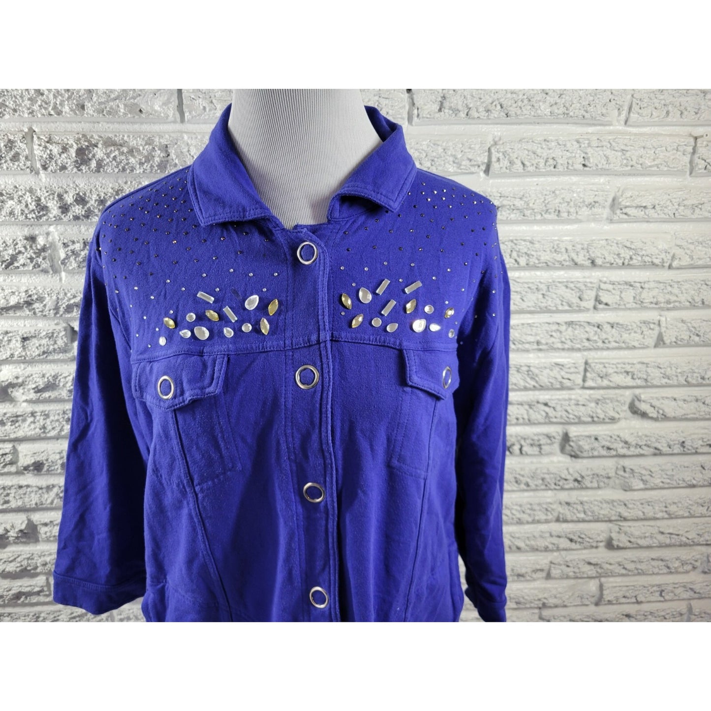Onque Casual Womens Top 1X Plus Shirt Shacket Large Snaps Rhinestones Blue