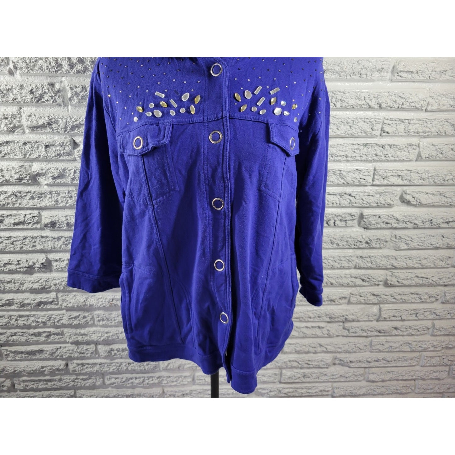 Onque Casual Womens Top 1X Plus Shirt Shacket Large Snaps Rhinestones Blue