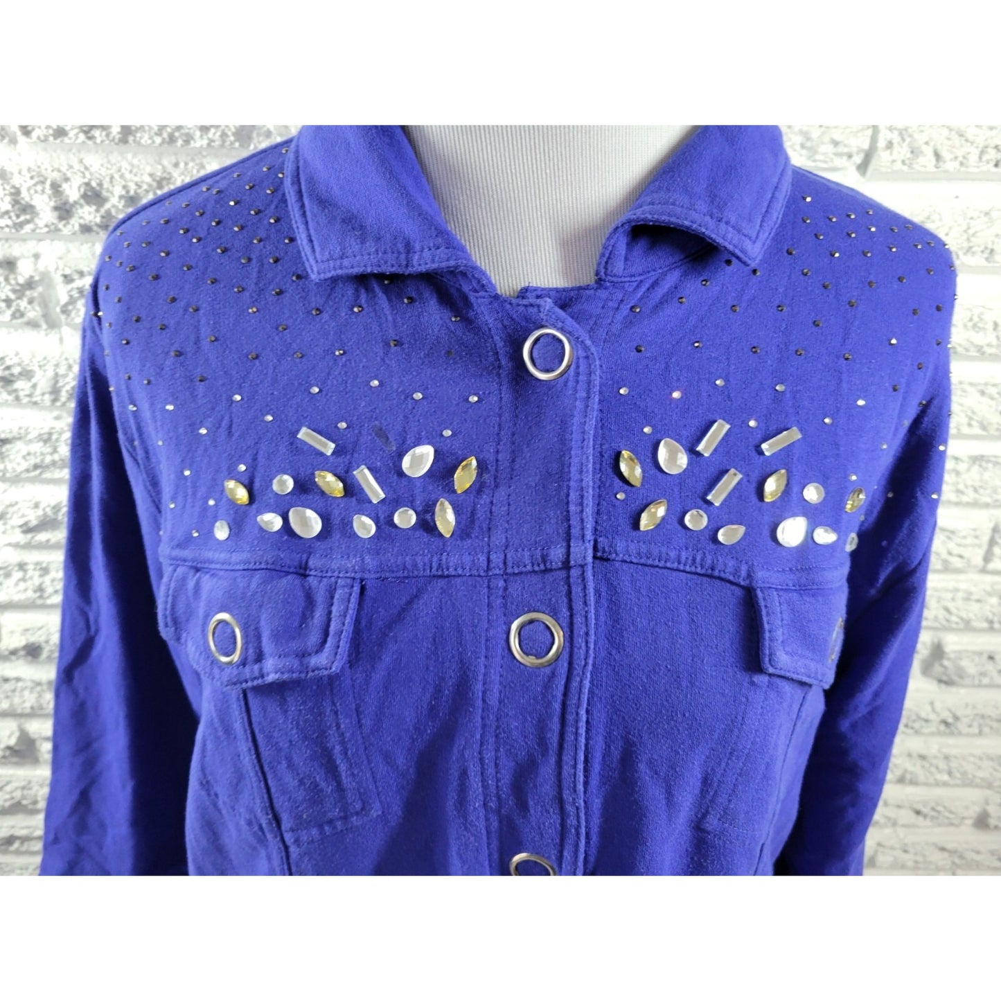 Onque Casual Womens Top 1X Plus Shirt Shacket Large Snaps Rhinestones Blue