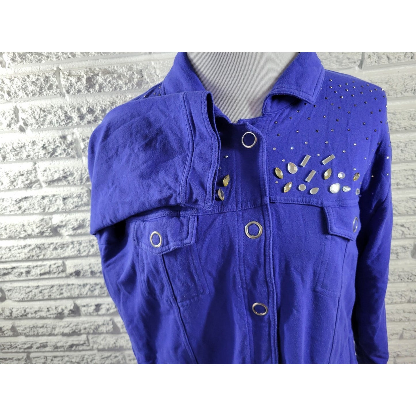 Onque Casual Womens Top 1X Plus Shirt Shacket Large Snaps Rhinestones Blue
