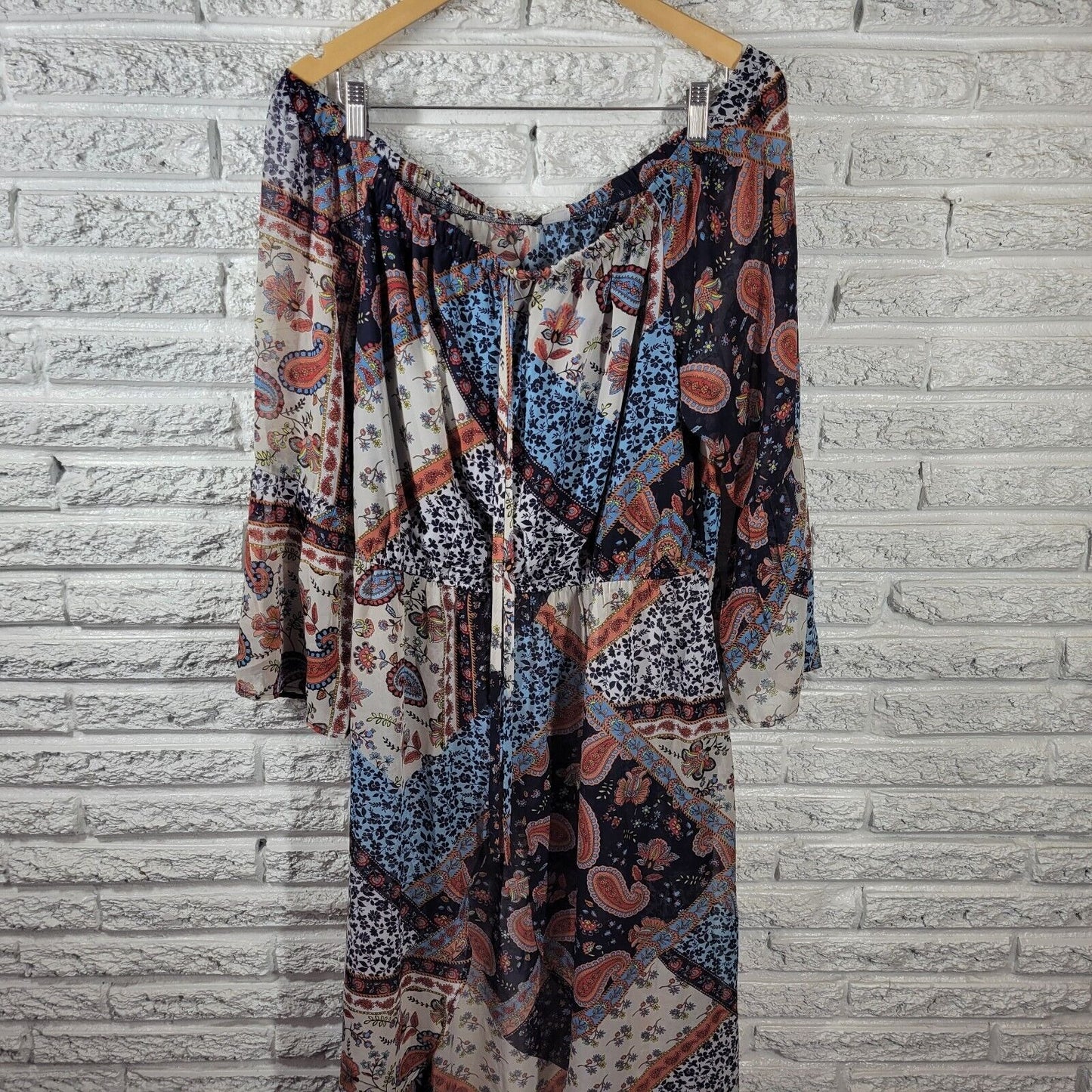 Venus Womens Dress 18 Overlay Blue Paisley Sheer Split Front On Off Shoulder
