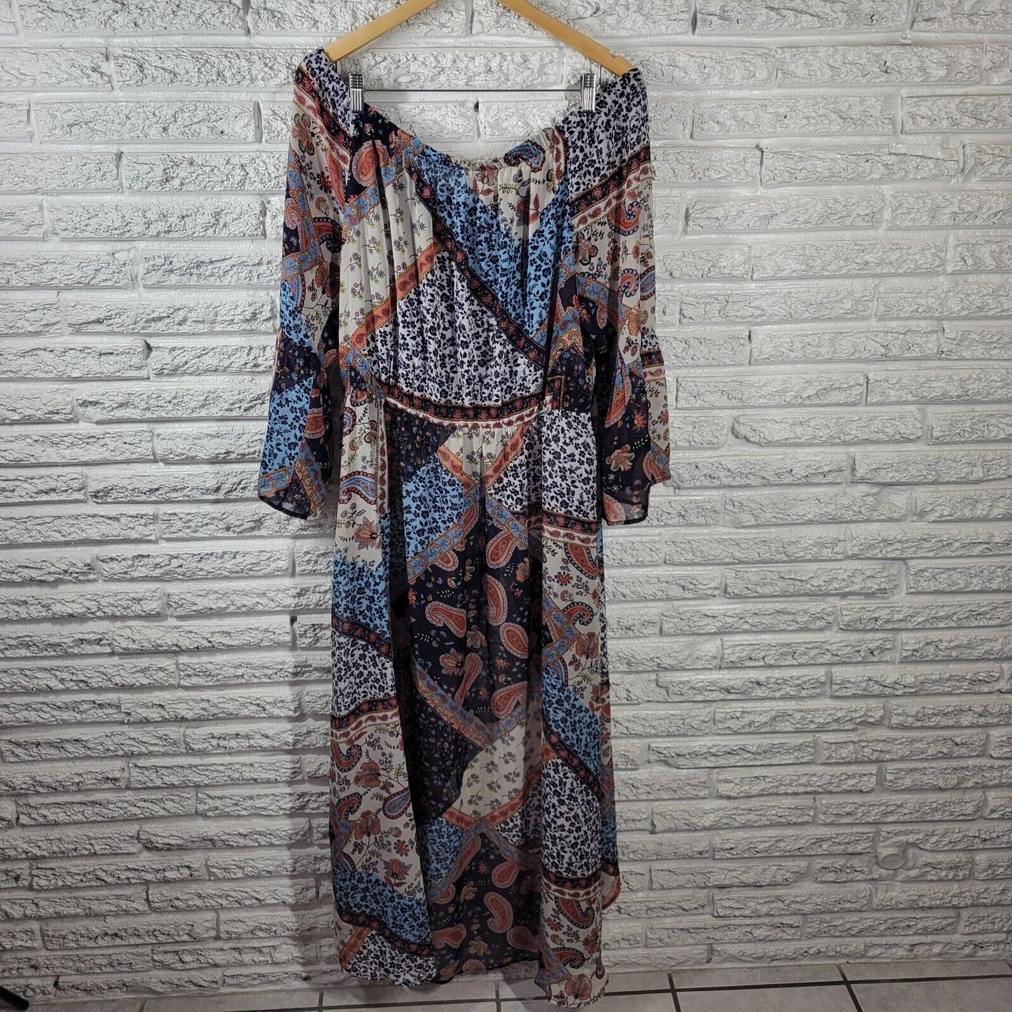 Venus Womens Dress 18 Overlay Blue Paisley Sheer Split Front On Off Shoulder