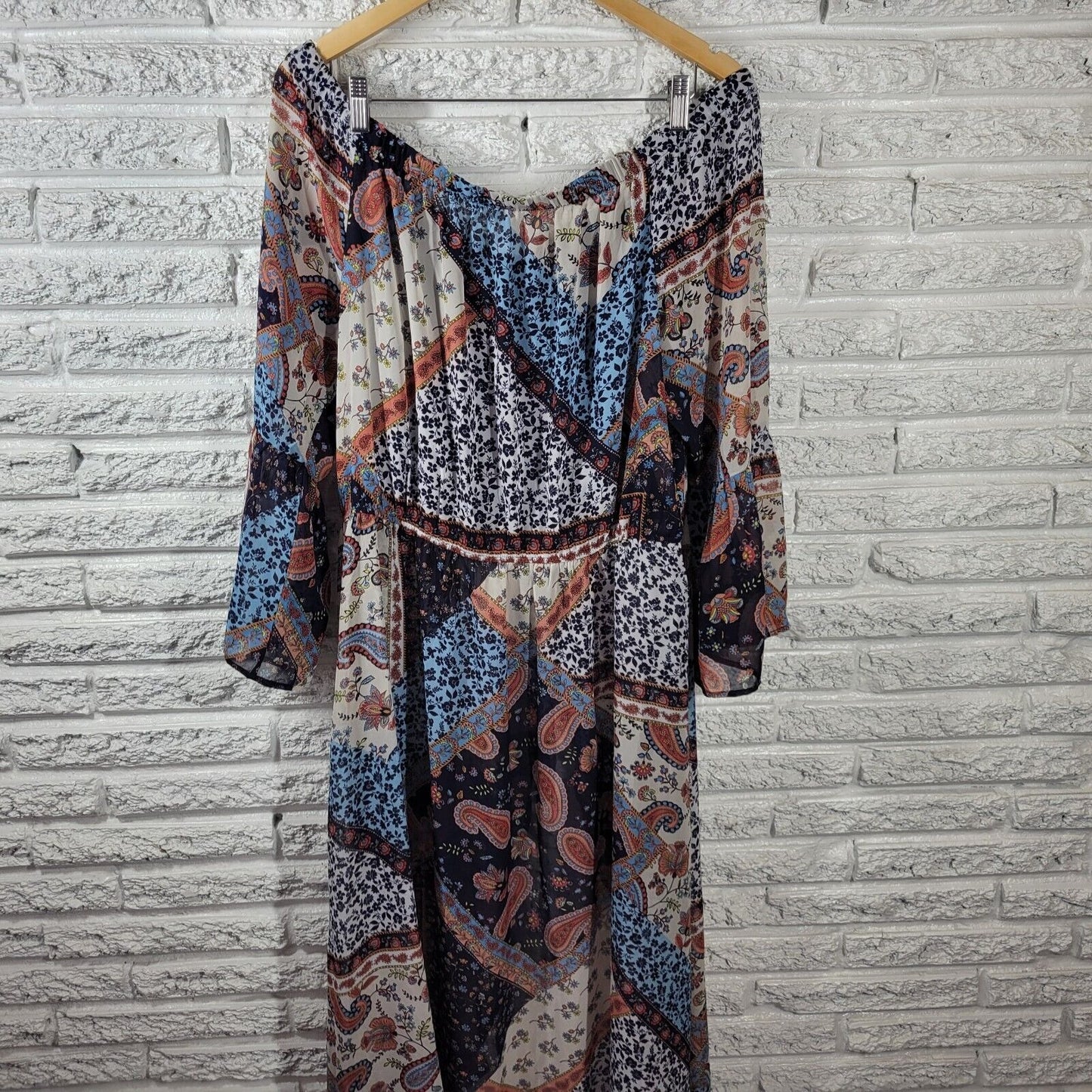 Venus Womens Dress 18 Overlay Blue Paisley Sheer Split Front On Off Shoulder