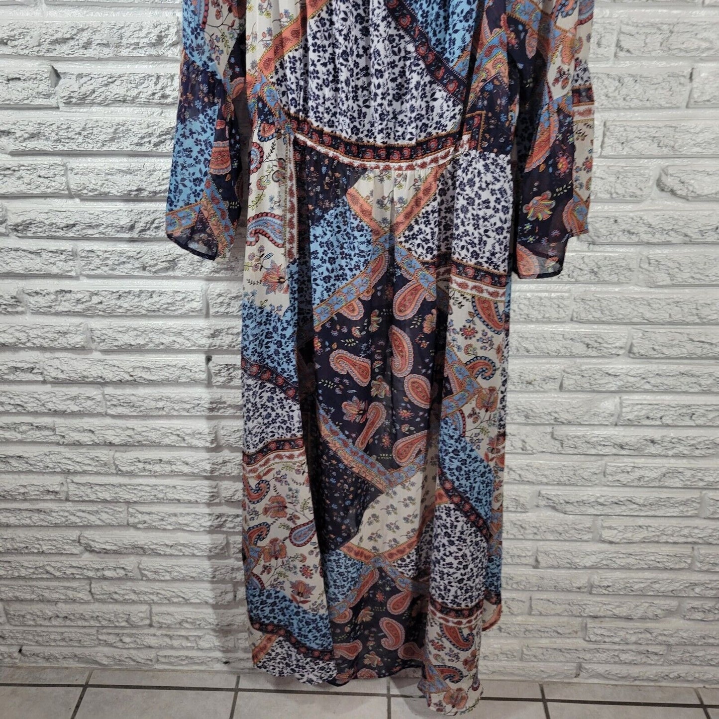 Venus Womens Dress 18 Overlay Blue Paisley Sheer Split Front On Off Shoulder