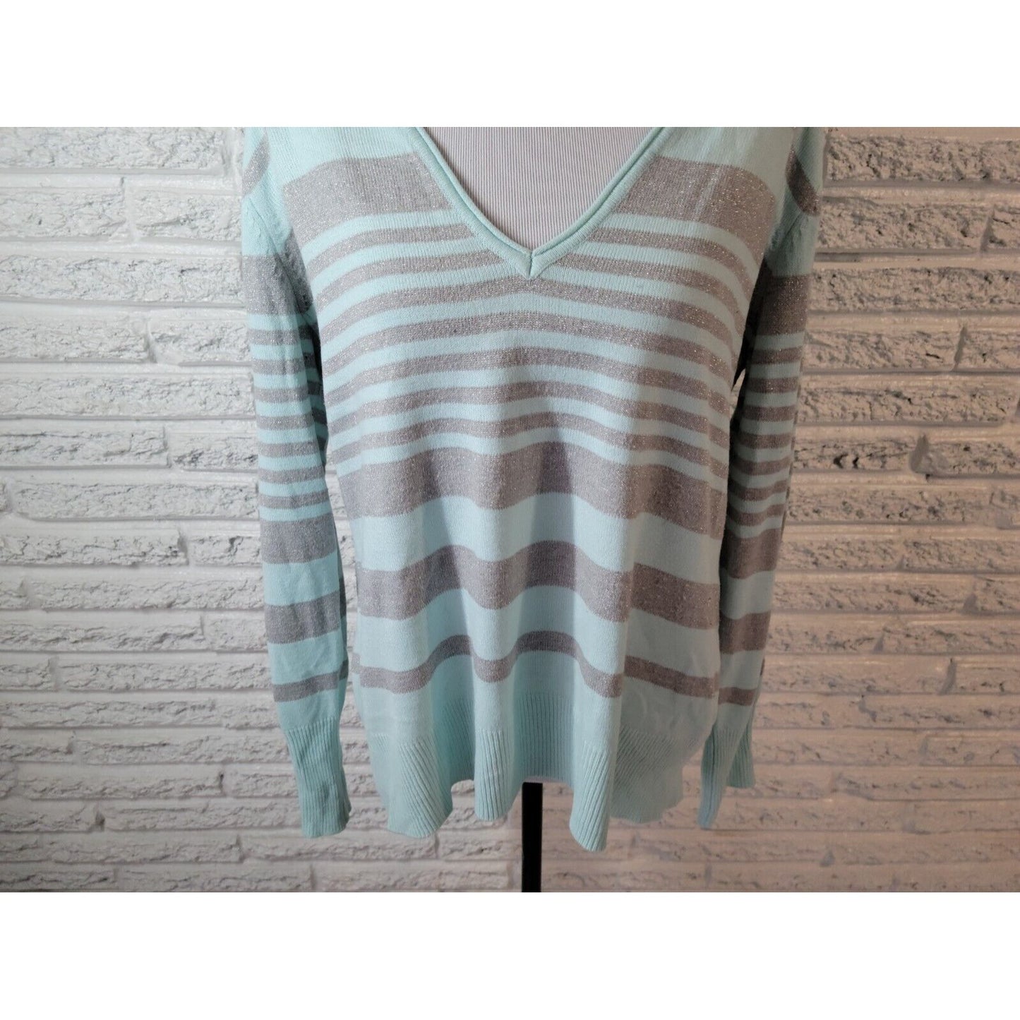 New York & Co Womens Sweater Extra Large XL Pullover Blue Stripe Metallic Thread