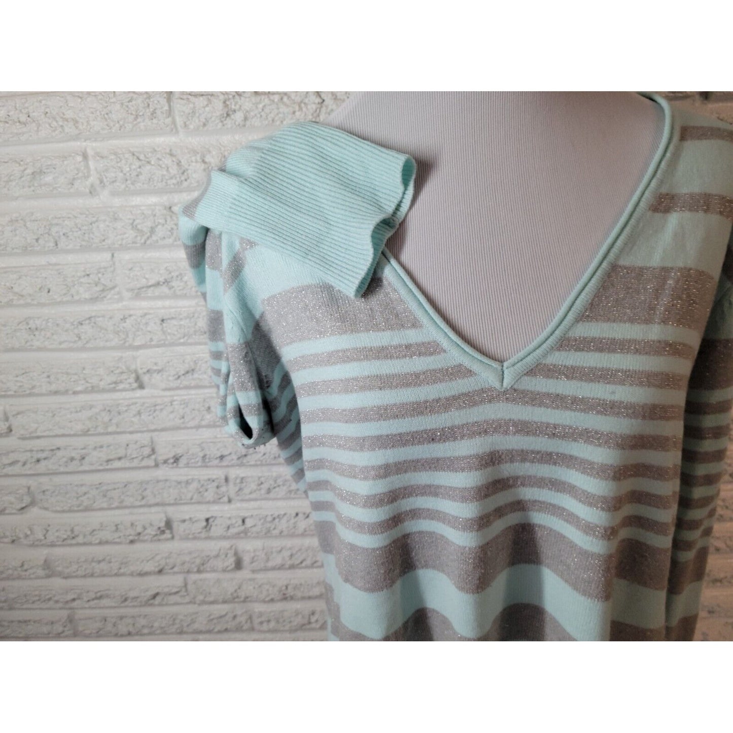 New York & Co Womens Sweater Extra Large XL Pullover Blue Stripe Metallic Thread