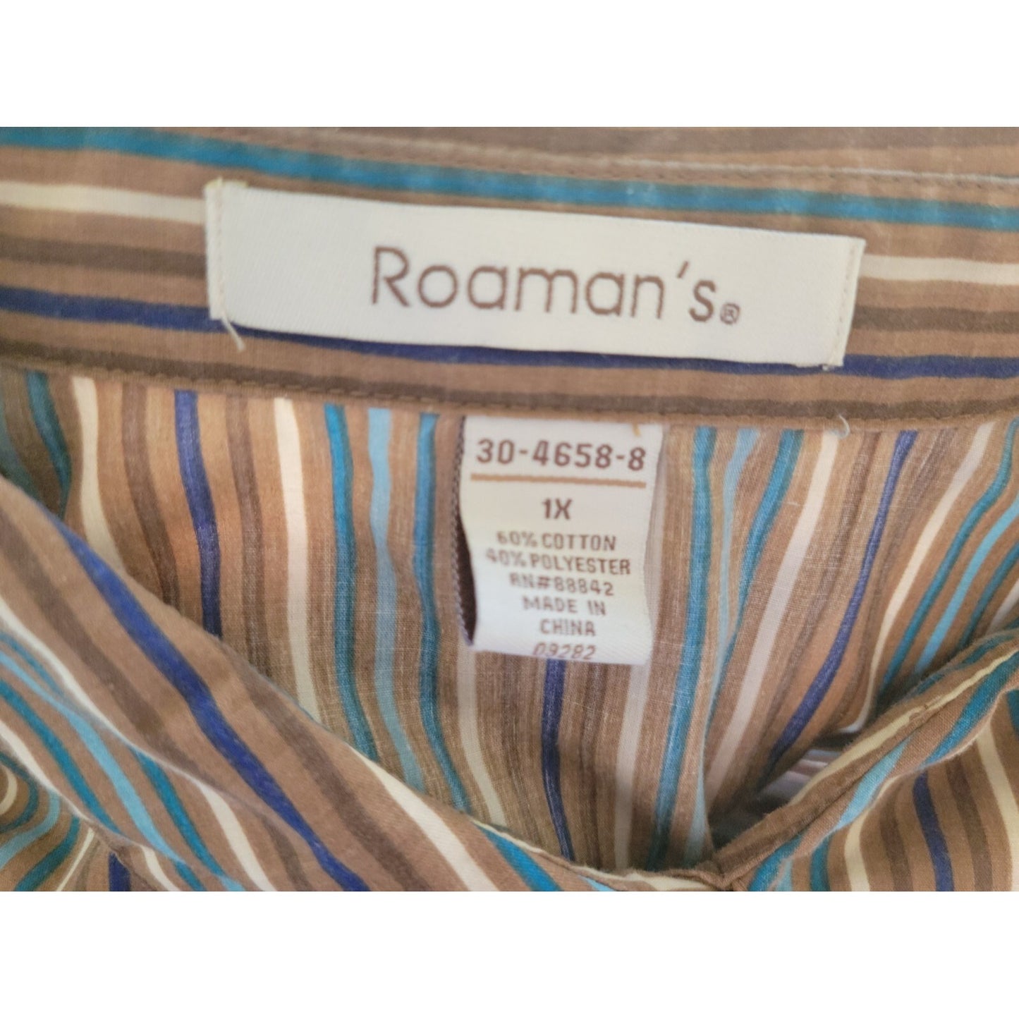 Roamans Womens Shirt 1X Plus Collar Button Up Brown Stripe Cotton Blend Career