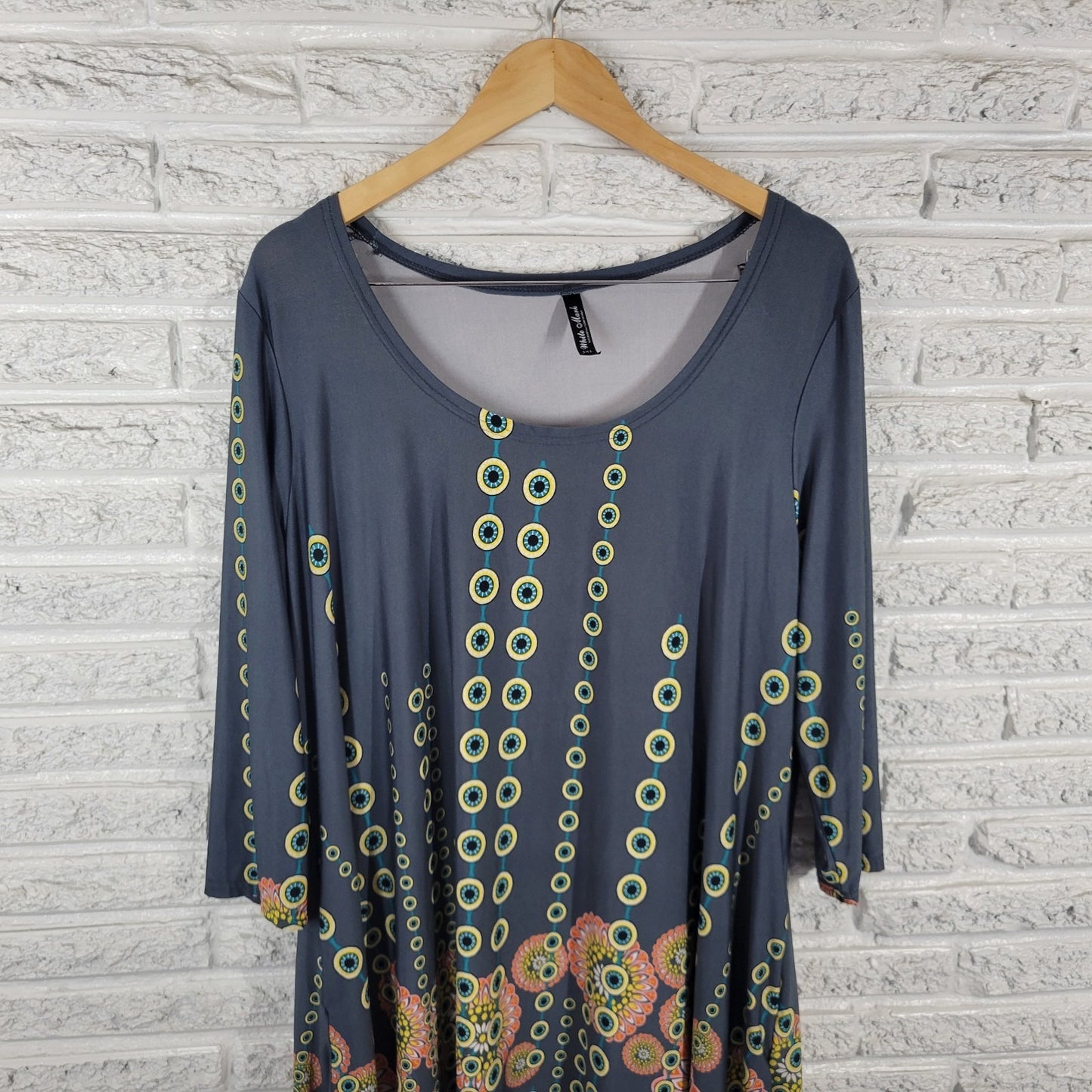 White Mark Womens Top 3XL Plus Tunic Asymmetric 3/4 Sleeve Gray Yellow Geometric