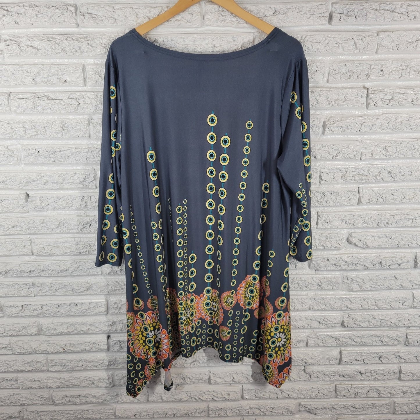 White Mark Womens Top 3XL Plus Tunic Asymmetric 3/4 Sleeve Gray Yellow Geometric
