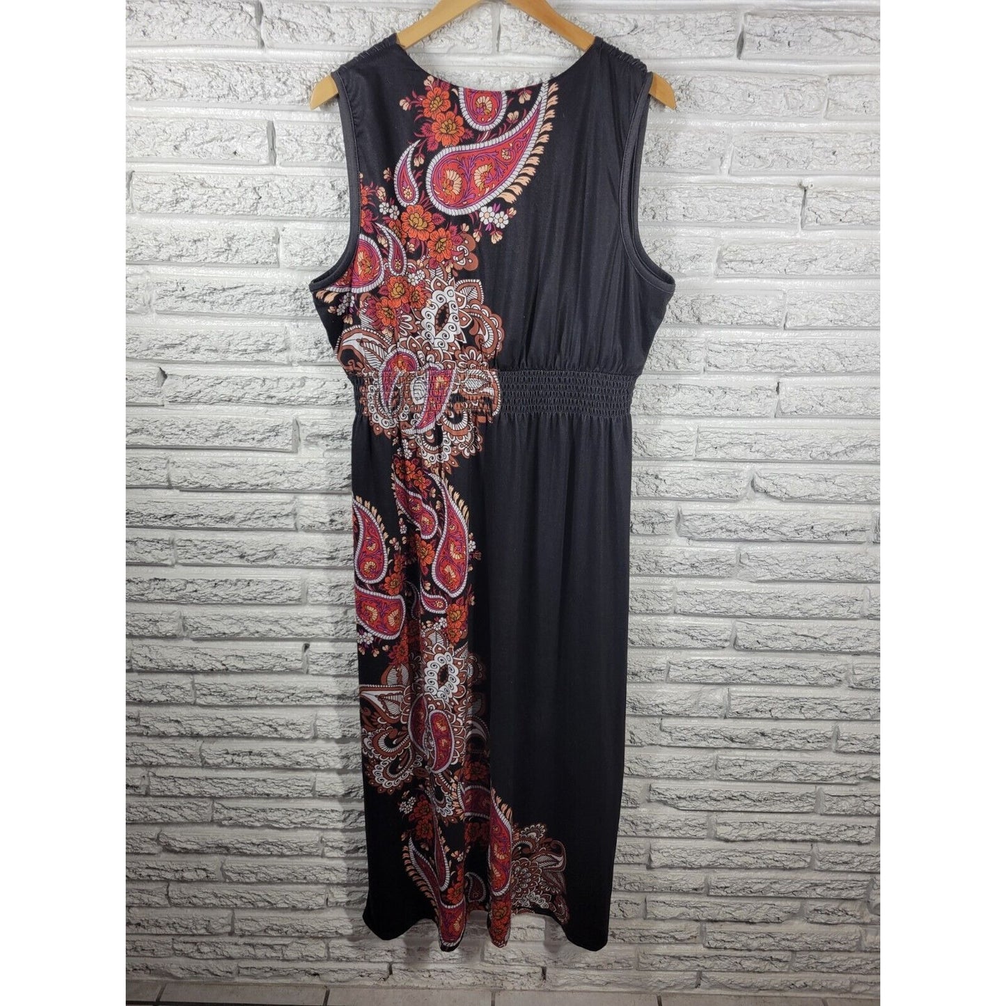 Catherines Women Dress 1X Midi Sleeveless Sheath Black Brown Paisley Poly Blend