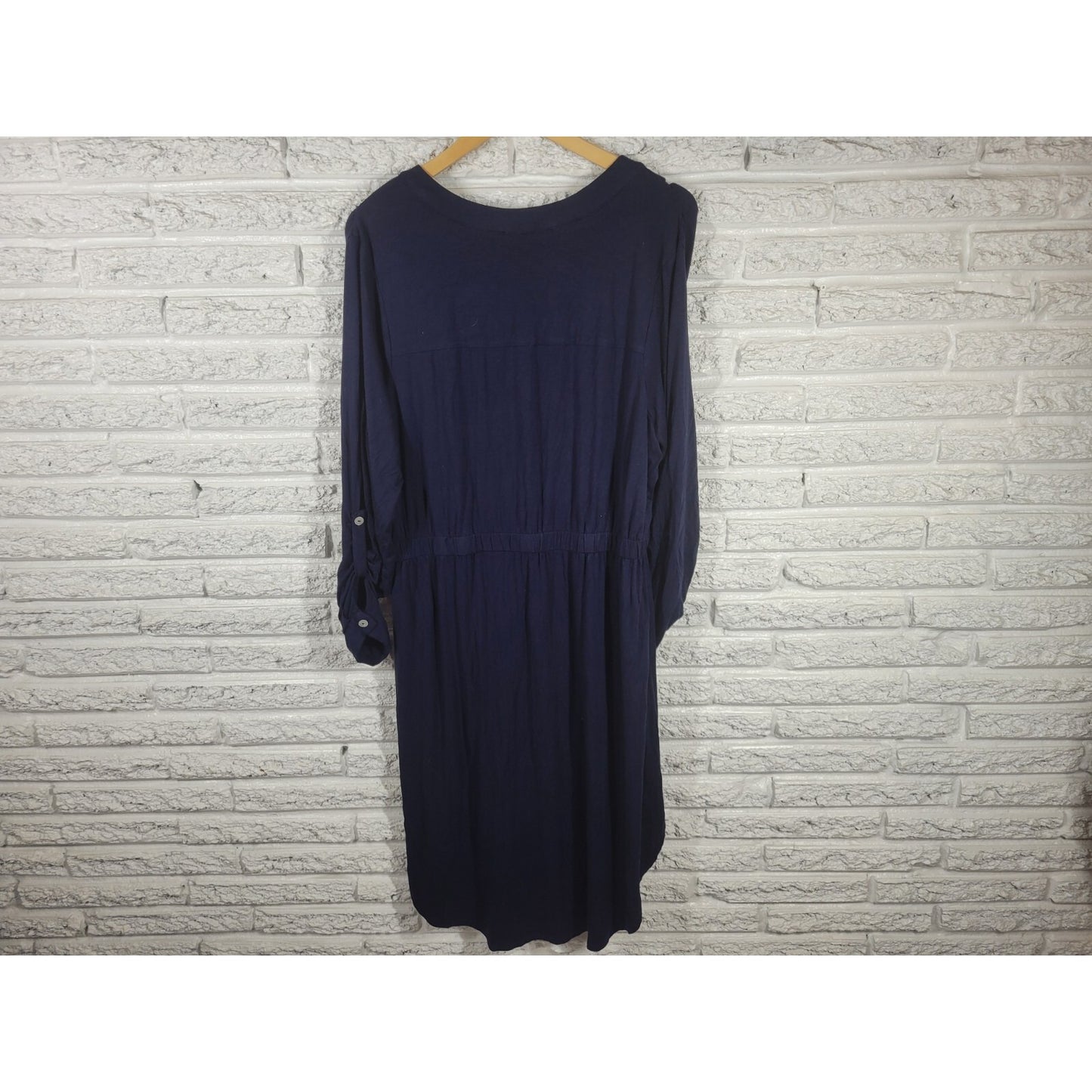 Joan Vass Womens Dress 1X Plus Sheath Roll Tab Sleeve Blue Drawstring Asymmetric