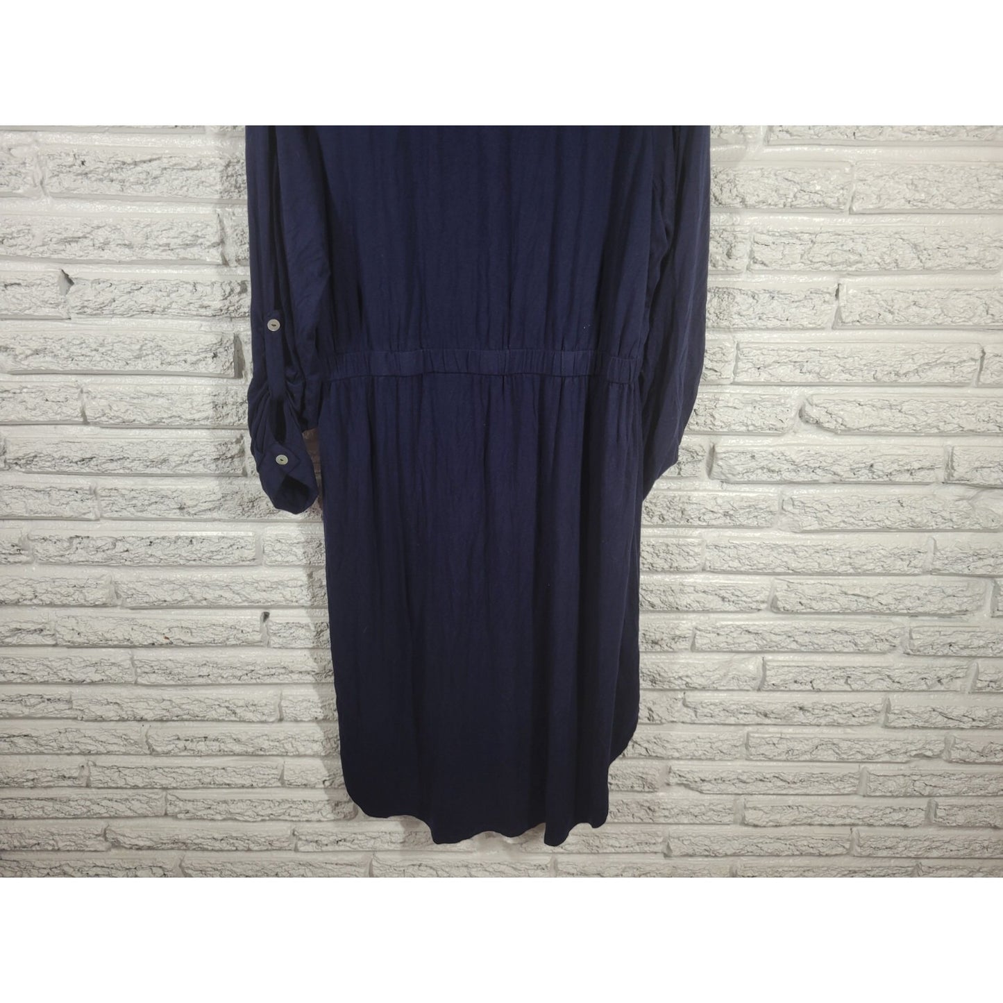 Joan Vass Womens Dress 1X Plus Sheath Roll Tab Sleeve Blue Drawstring Asymmetric