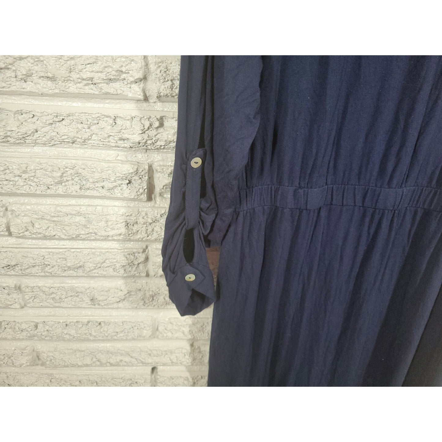 Joan Vass Womens Dress 1X Plus Sheath Roll Tab Sleeve Blue Drawstring Asymmetric