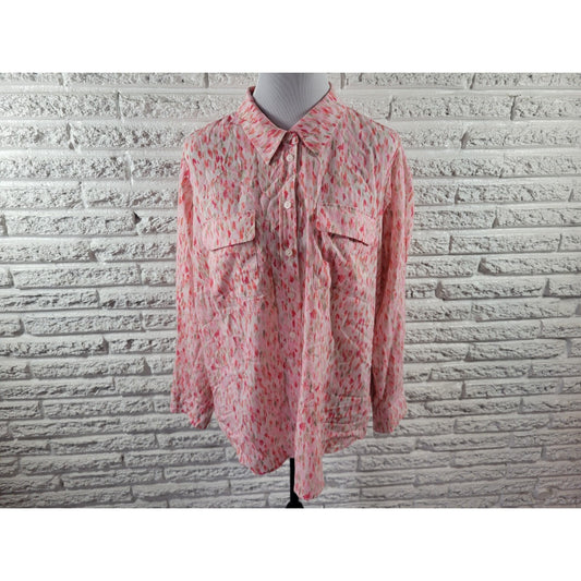 Apt 9 Womens Top 2XPlus  Long Sleeve Polyester Collar Button Up Pink Watercolor