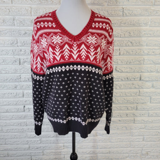 Covington Womens Sweater 16W 18W Plus Long Sleeve Cotton Red Black Fair Isle