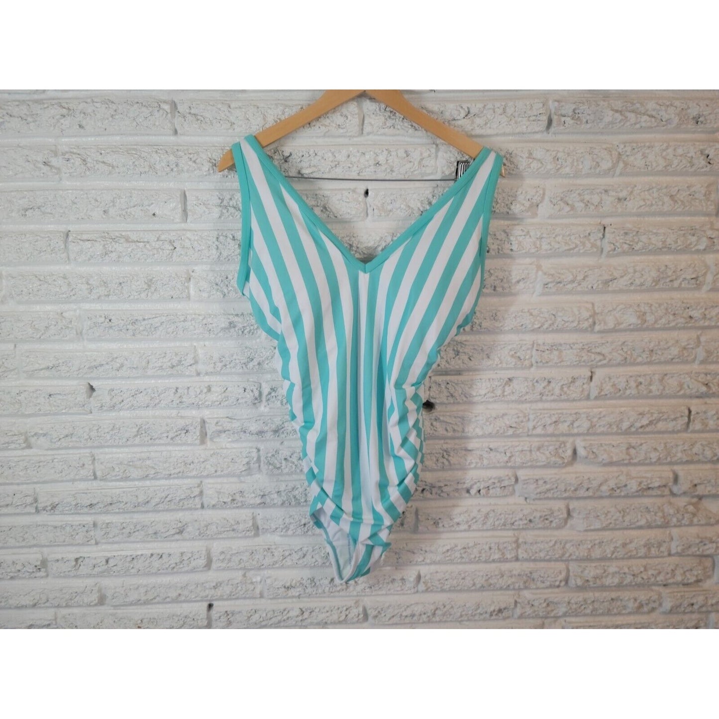 Kona Sol Womens Swimsuit 18W One Piece Plus Bra Adjustable Straps Blue Striped