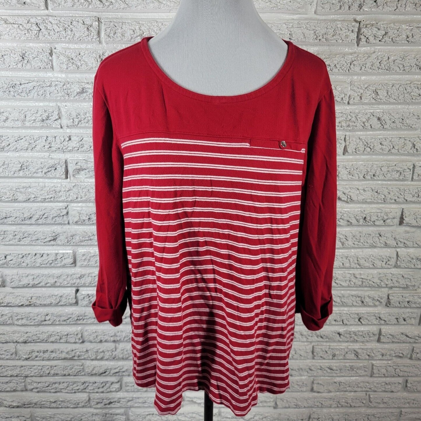 Croft Barrow Womens Top 2X Plus 3/4 Cuff Sleeve Red White Stripe Comfy Casual