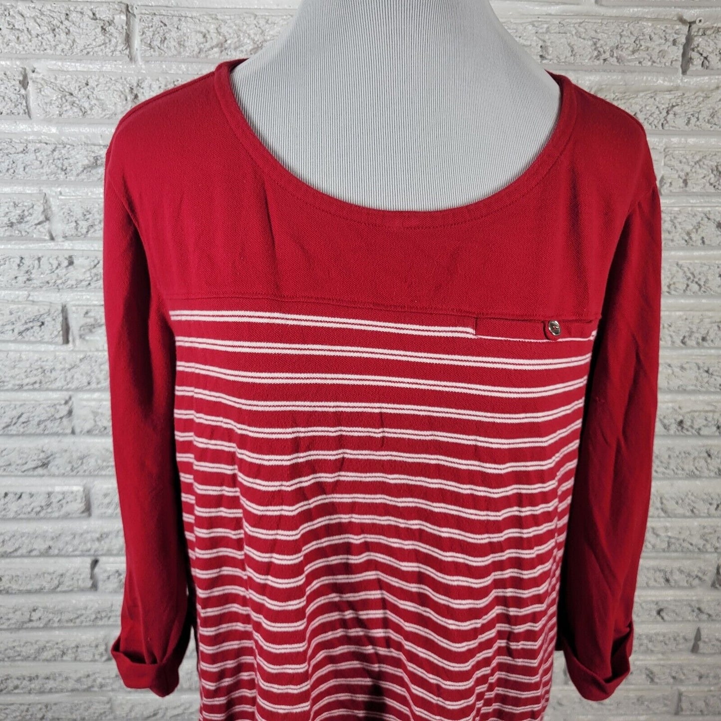 Croft Barrow Womens Top 2X Plus 3/4 Cuff Sleeve Red White Stripe Comfy Casual