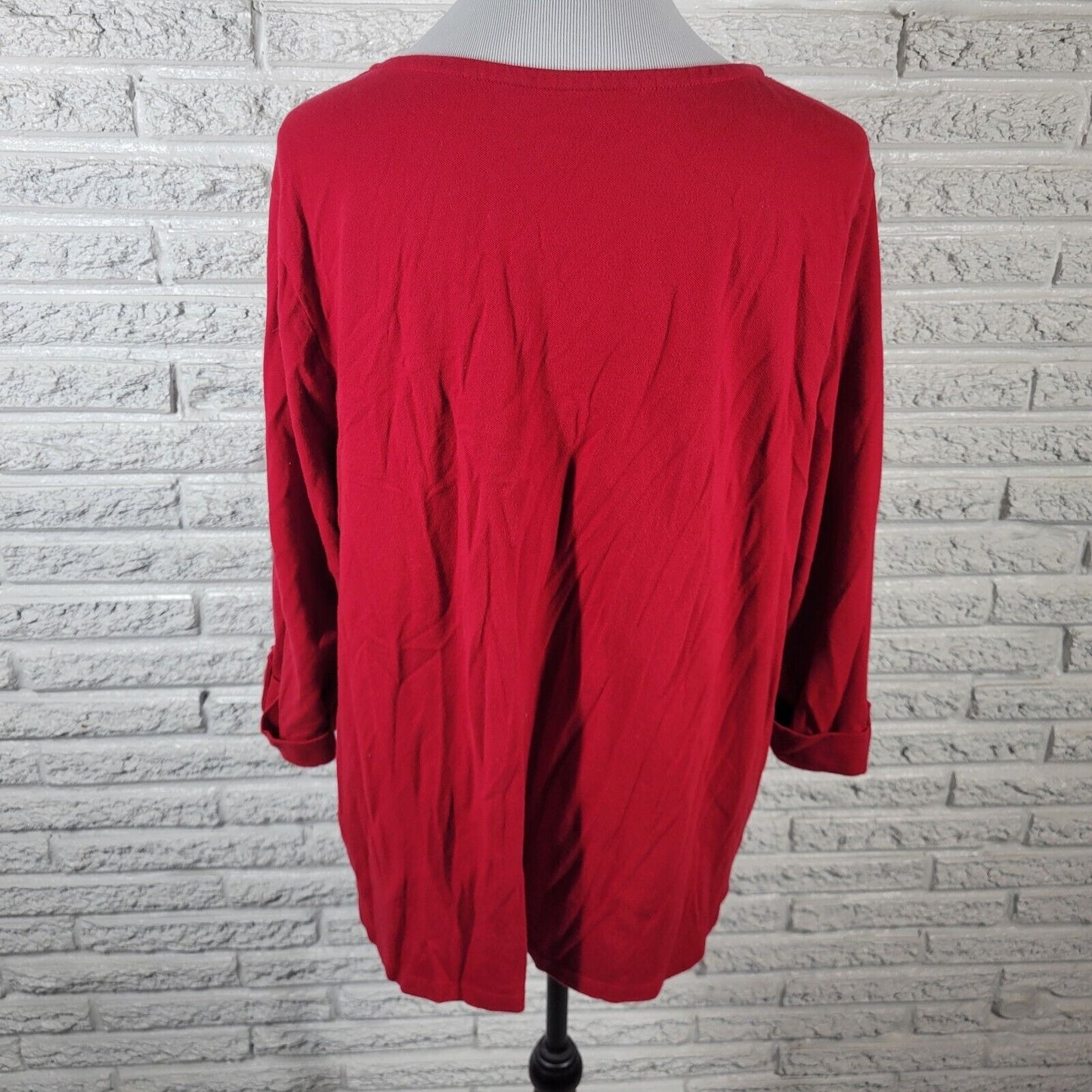 Croft Barrow Womens Top 2X Plus 3/4 Cuff Sleeve Red White Stripe Comfy Casual