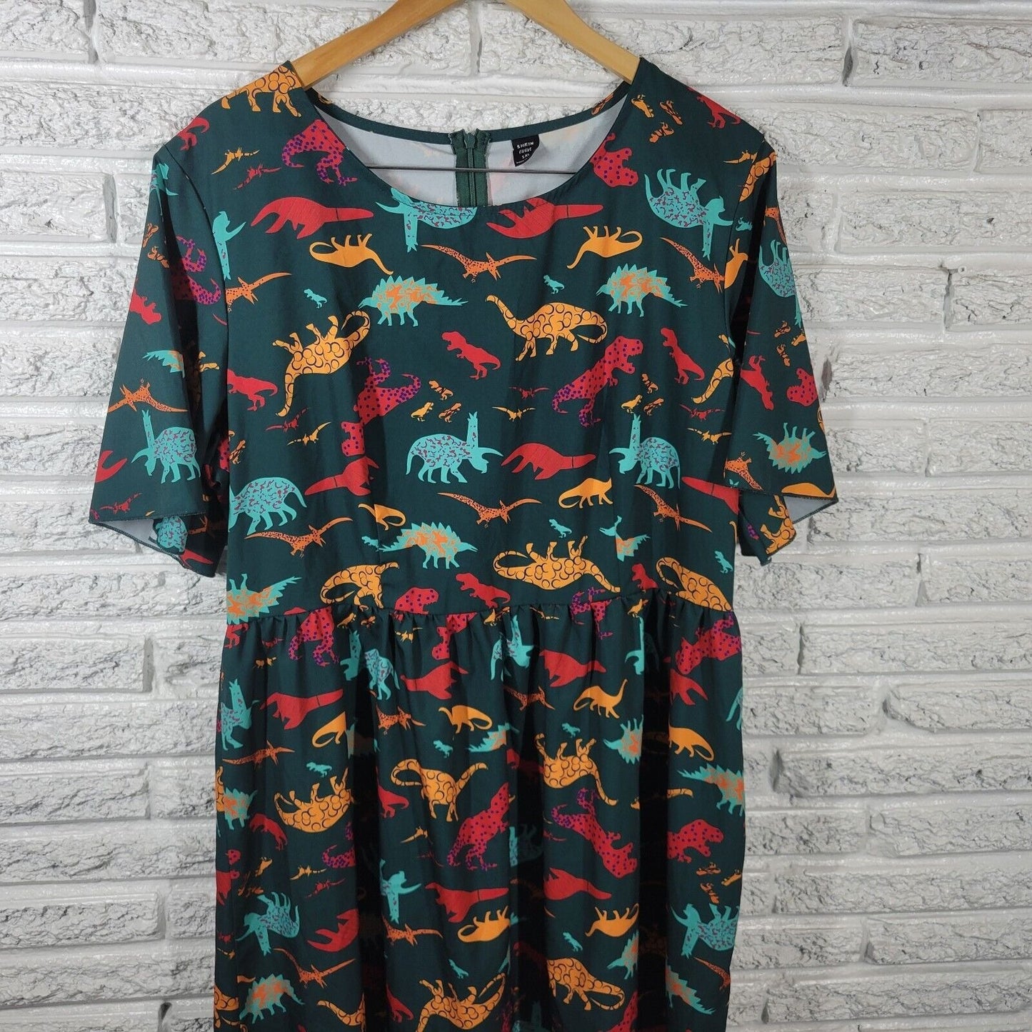 Shein Womens Dress 1XL Mini Fit Flare Dinosaurs Green Zip Lightweight Polyester
