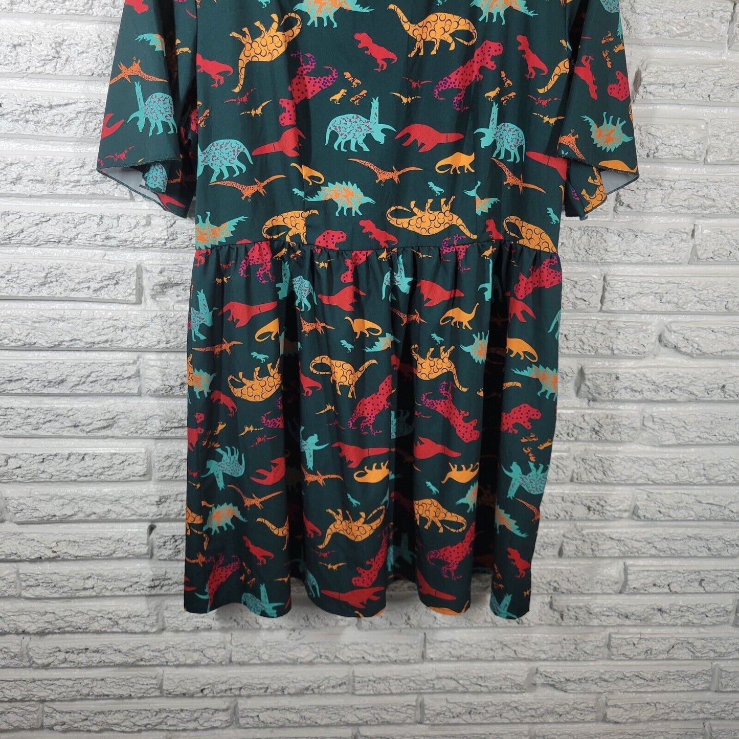 Shein Womens Dress 1XL Mini Fit Flare Dinosaurs Green Zip Lightweight Polyester