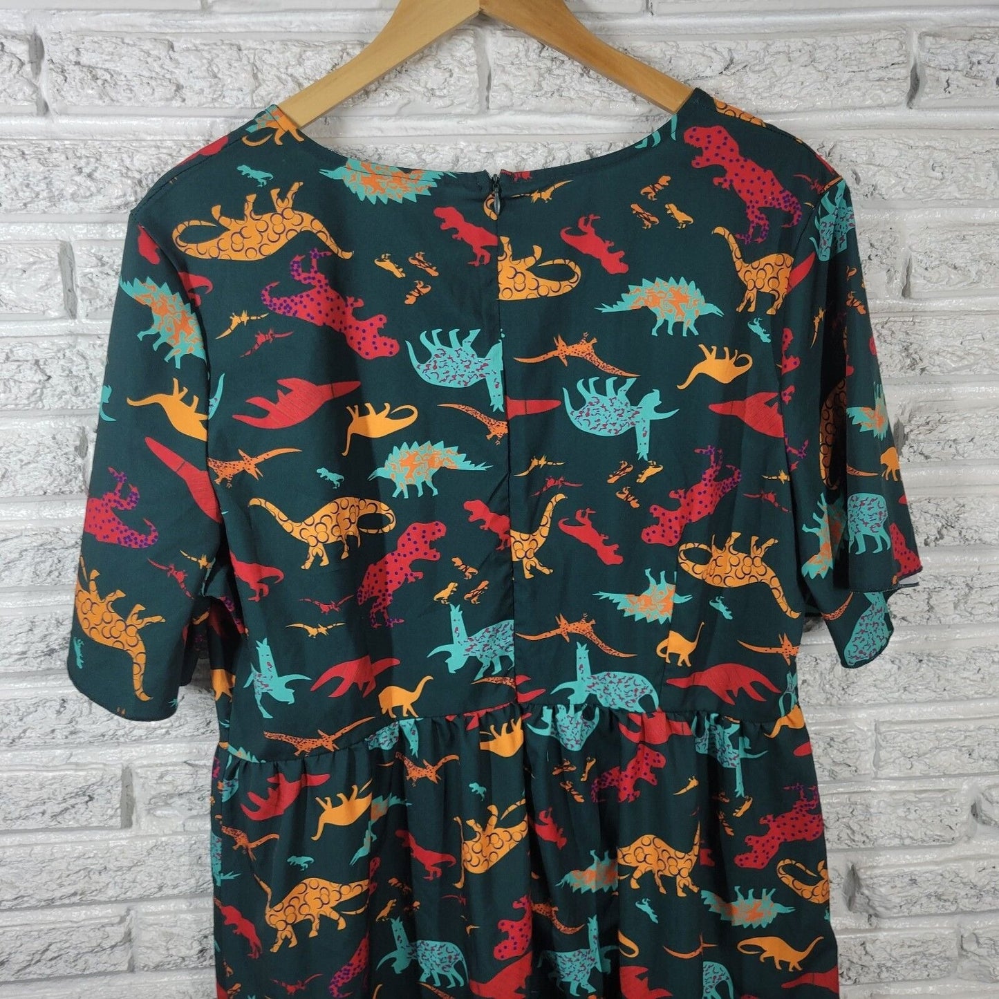 Shein Womens Dress 1XL Mini Fit Flare Dinosaurs Green Zip Lightweight Polyester