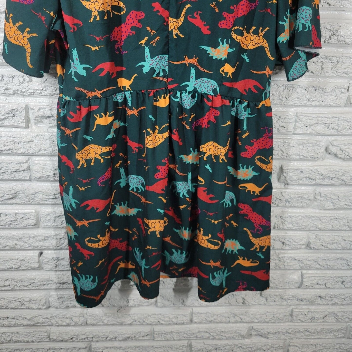 Shein Womens Dress 1XL Mini Fit Flare Dinosaurs Green Zip Lightweight Polyester