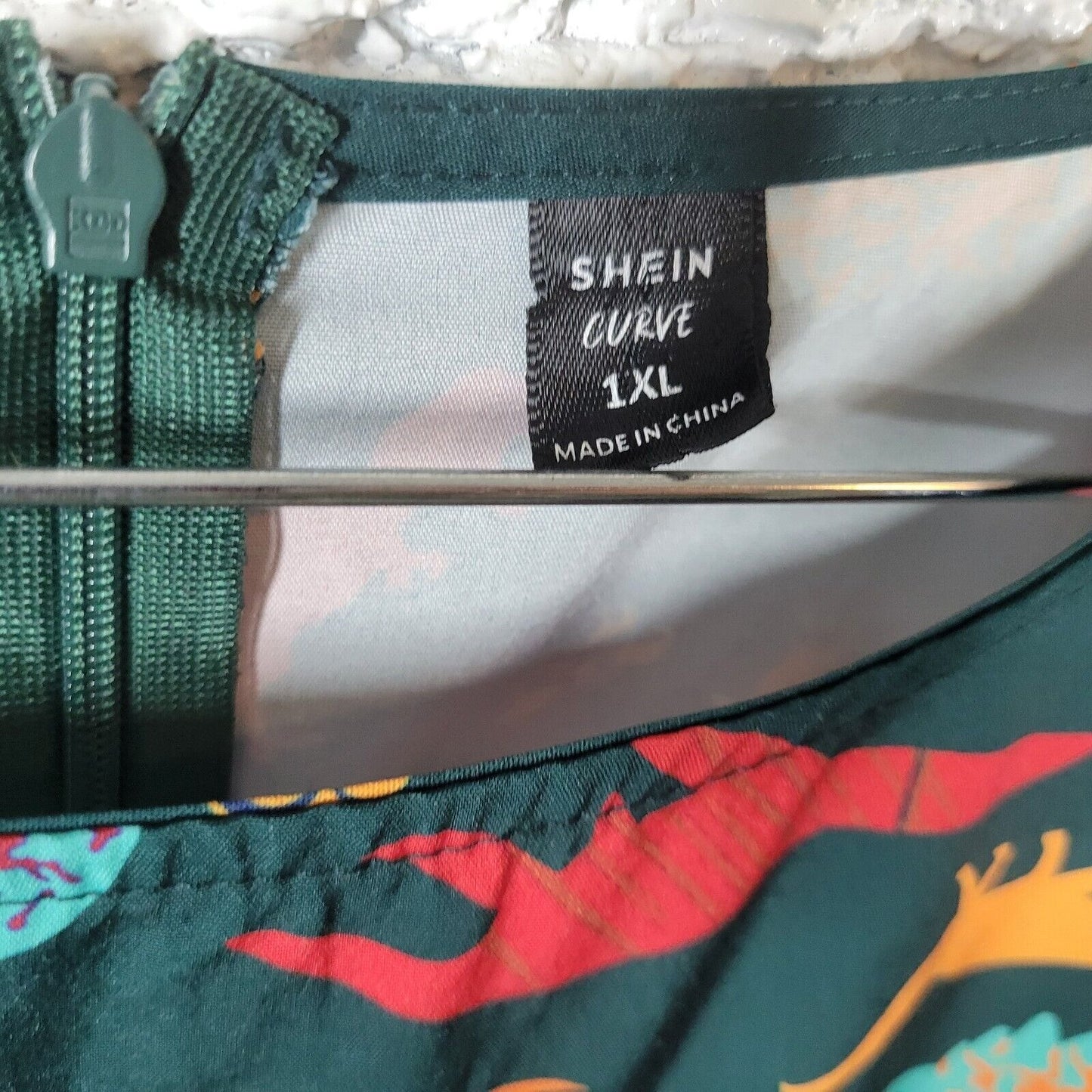 Shein Womens Dress 1XL Mini Fit Flare Dinosaurs Green Zip Lightweight Polyester