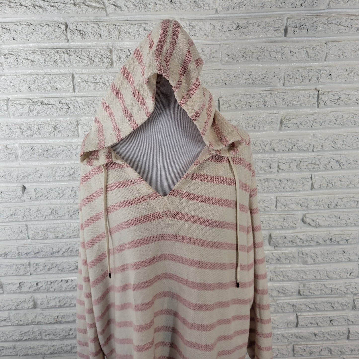 Chaps Womens Top 2X Plus Hoodie Knit Pink White Stripe Comfy Cotton Drawstring