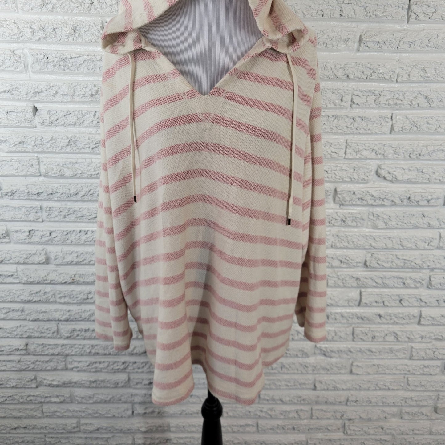 Chaps Womens Top 2X Plus Hoodie Knit Pink White Stripe Comfy Cotton Drawstring