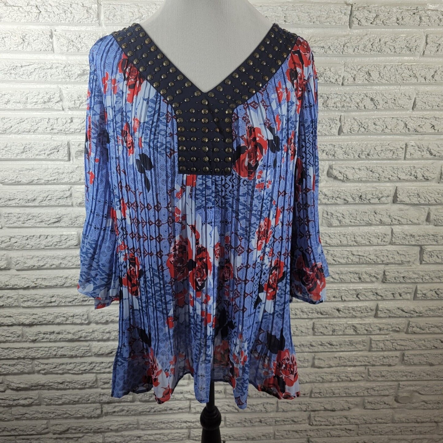 Woman Within Womens Top 1X Plus Tunic Blue Bell Sleeve Sheer Studded Lightweight