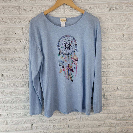 Sunshirt Women Top XXL Plus Tee Blue Dream Catcher Comfy Lightweight Rhinestones