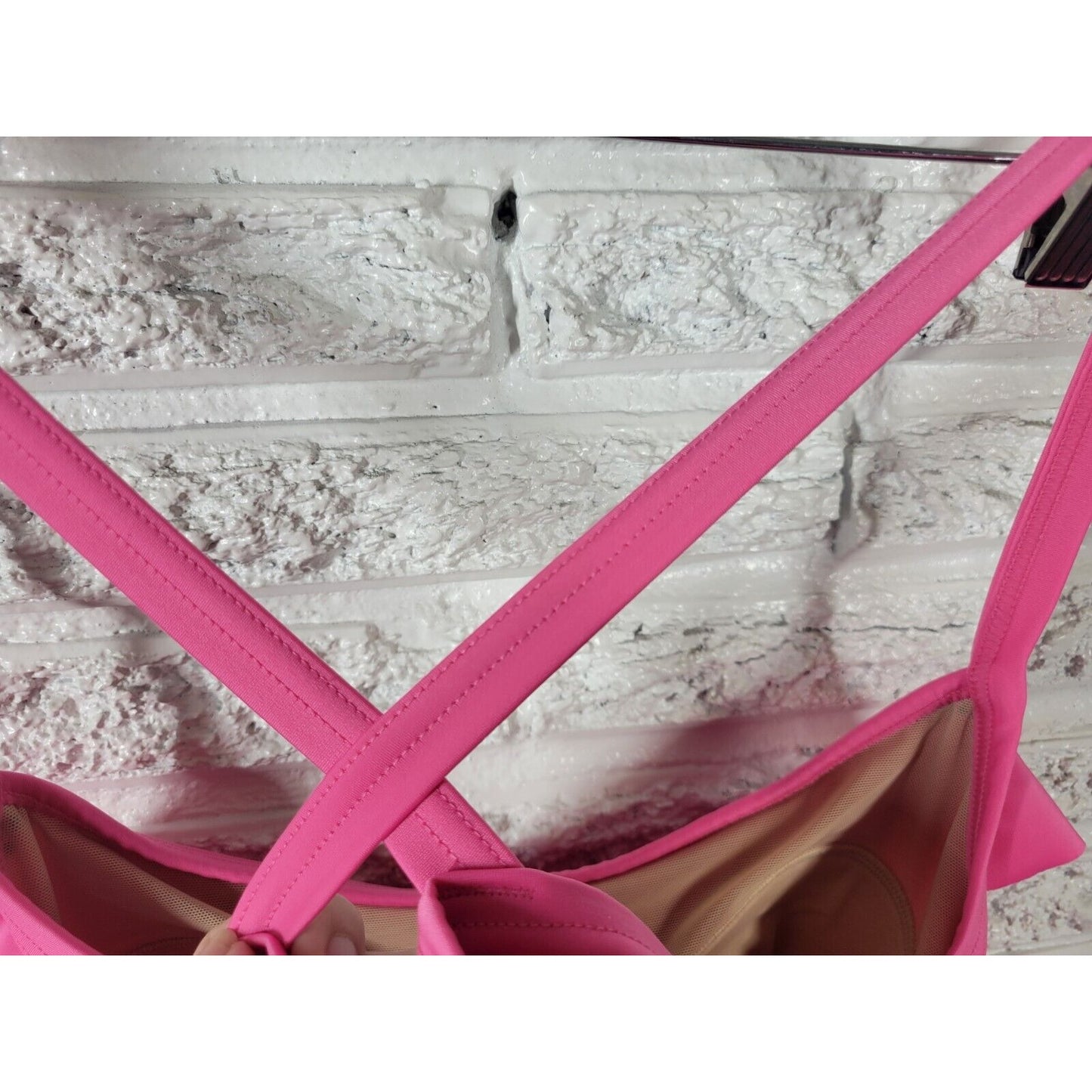 Cacique Womens Swim Top 22 Spaghetti Strap Criss Cross Pink Ruffle Shelf Bra