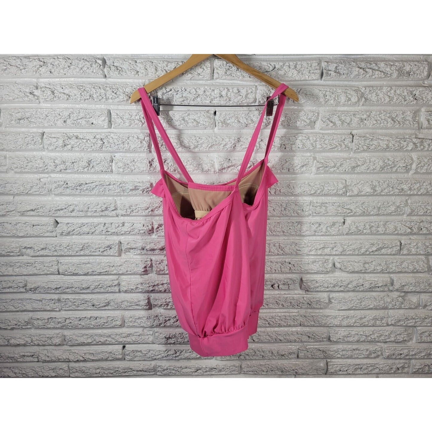 Cacique Womens Swim Top 22 Spaghetti Strap Criss Cross Pink Ruffle Shelf Bra