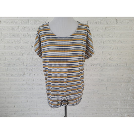 Apt 9 Women Top Extra Large XL Tee Short Sleeve Pullover Blue Gold Stripe Casual