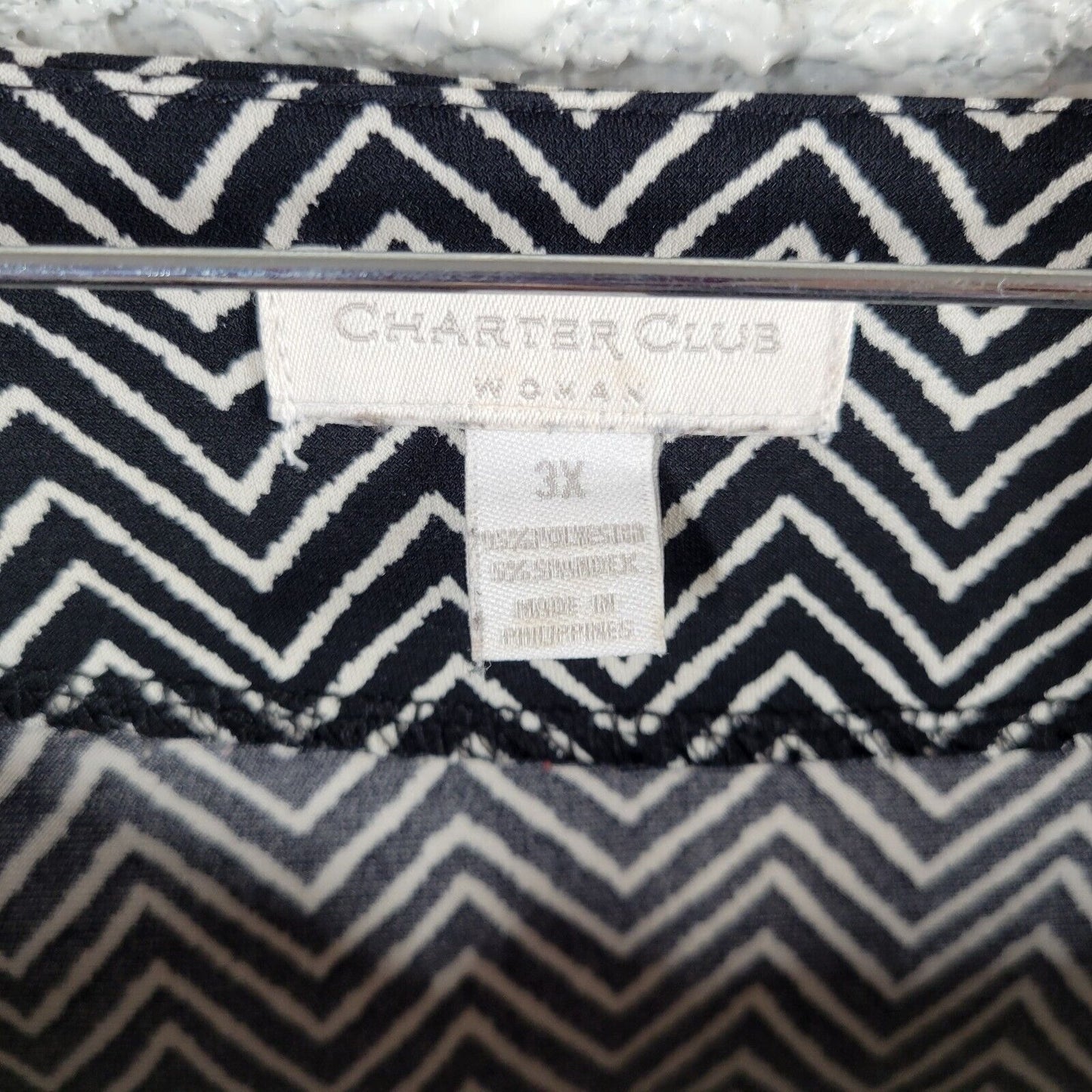 Charter Club Women Top 3X Plus Tunic Cuff Sleeve Poly Blend Black White Zig Zag