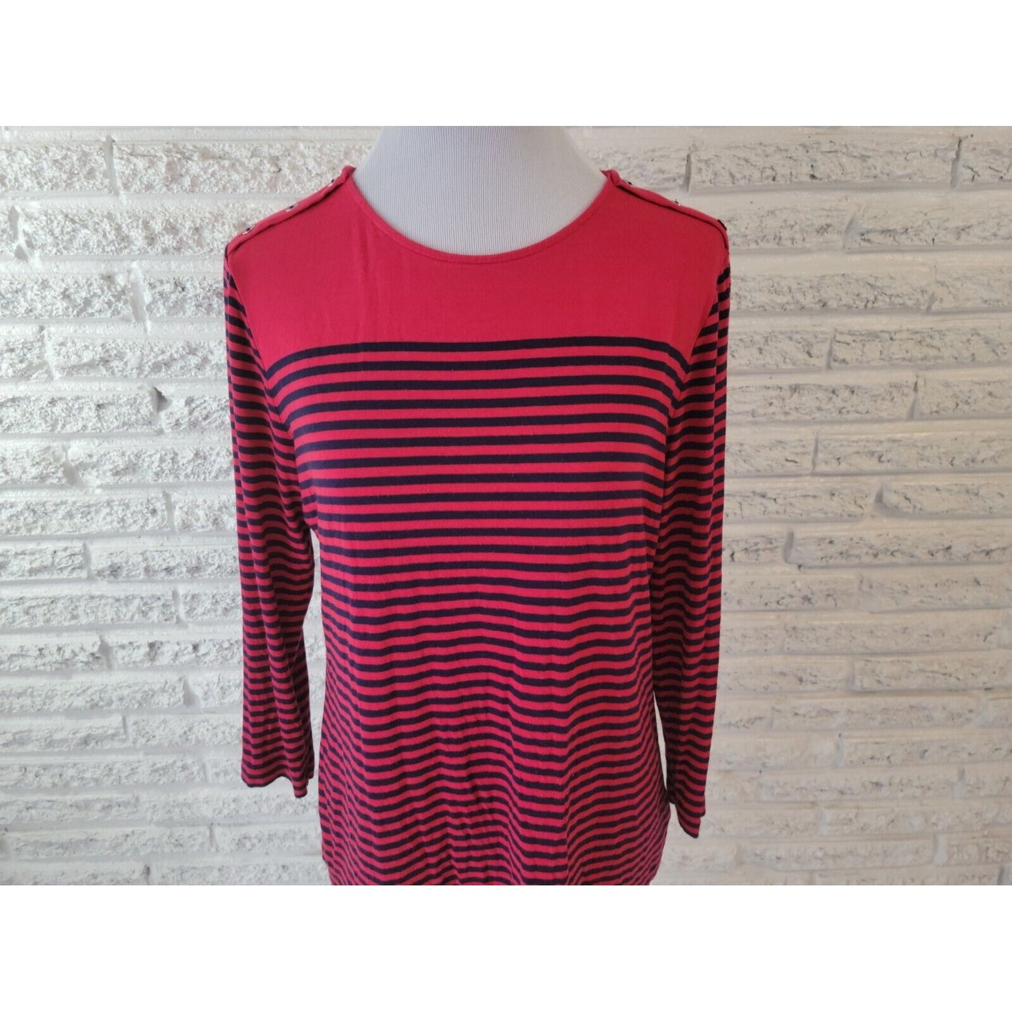 Chaps Womens Top Extra Large XL Tee Red Stripe Deco Buttons Stretch Casual Comfy