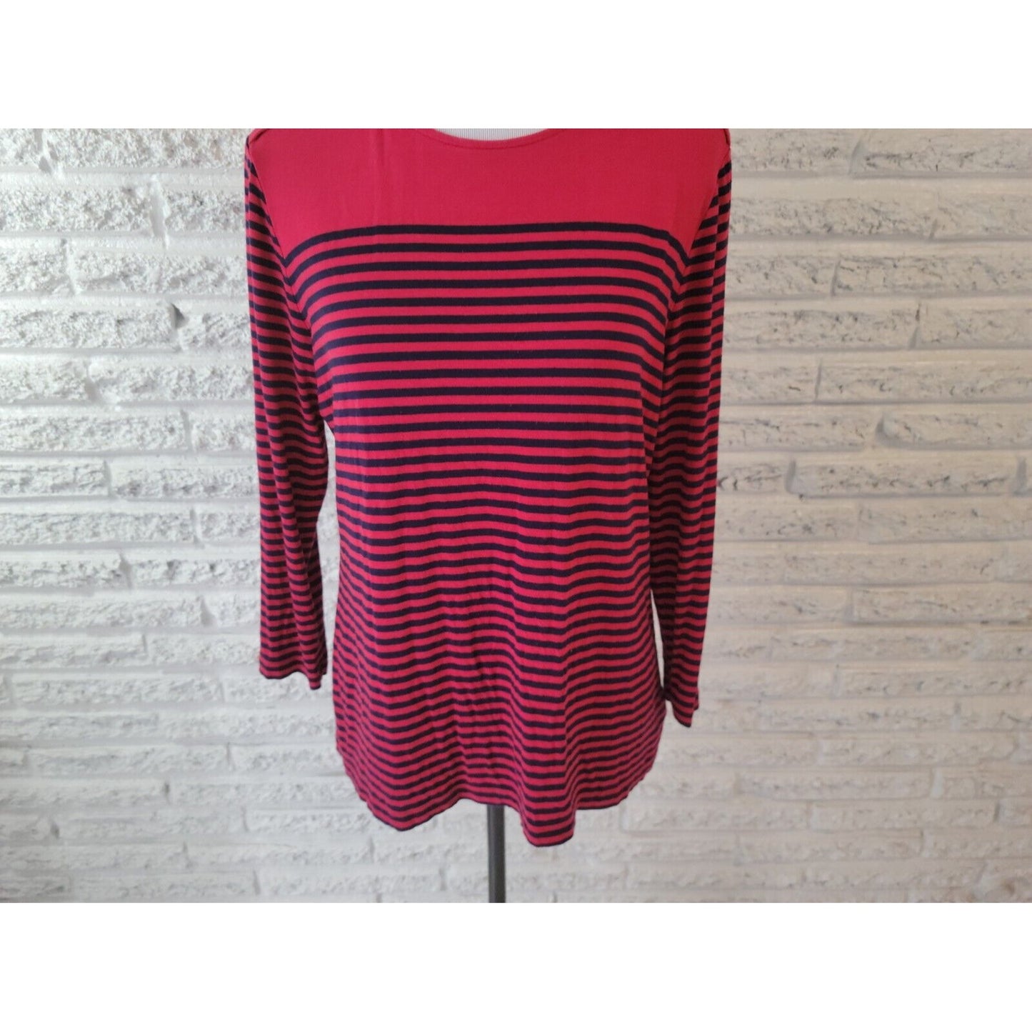 Chaps Womens Top Extra Large XL Tee Red Stripe Deco Buttons Stretch Casual Comfy