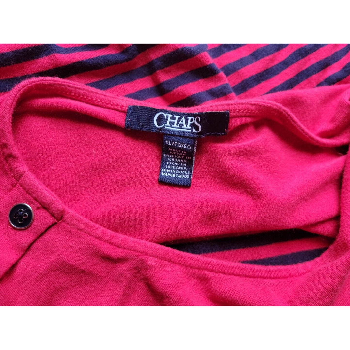 Chaps Womens Top Extra Large XL Tee Red Stripe Deco Buttons Stretch Casual Comfy