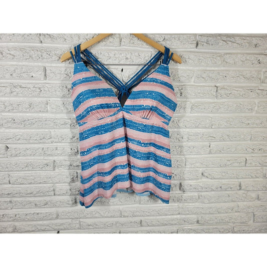 Aqua Couture Swim Top Extra Large XL Strappy Bra Lined Blue Stripe Racerback