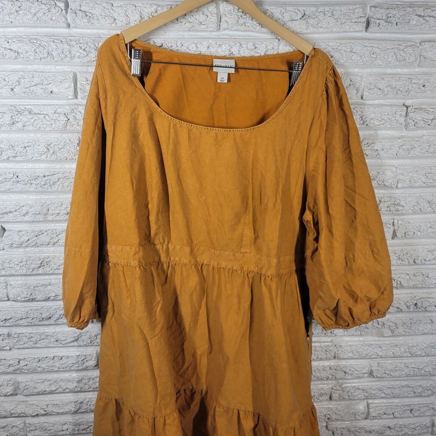 Ava Viv Womens Dress 2X Plus Fit Flare Gold Cotton Pleated Ruffle Sash Casual